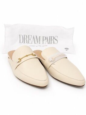Dream Pairs Cream Faux Leather Gold Horsebit Mule Loafers Pointed Toe Flats 11